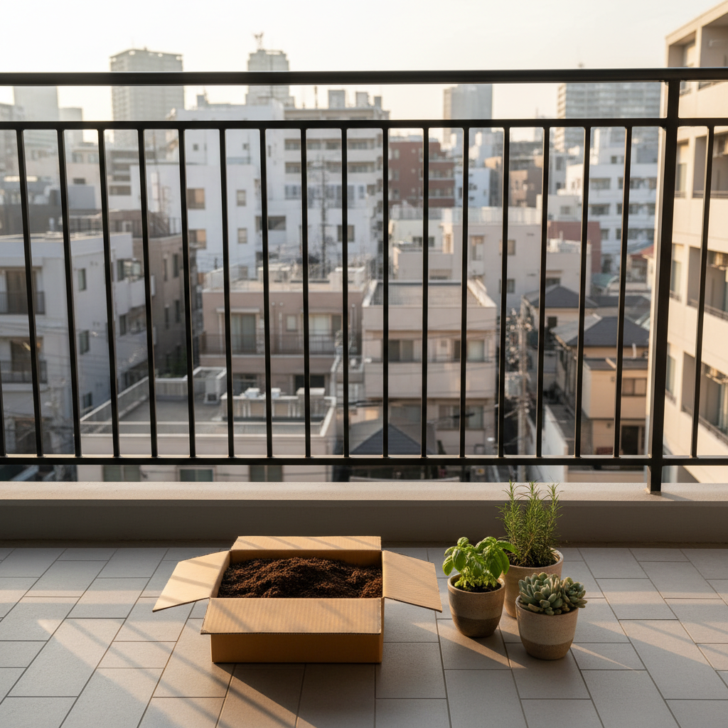 千代田区のマンションバルコニーでプランターの土を段ボールに詰めてツチルの回収サービスで処分する様子