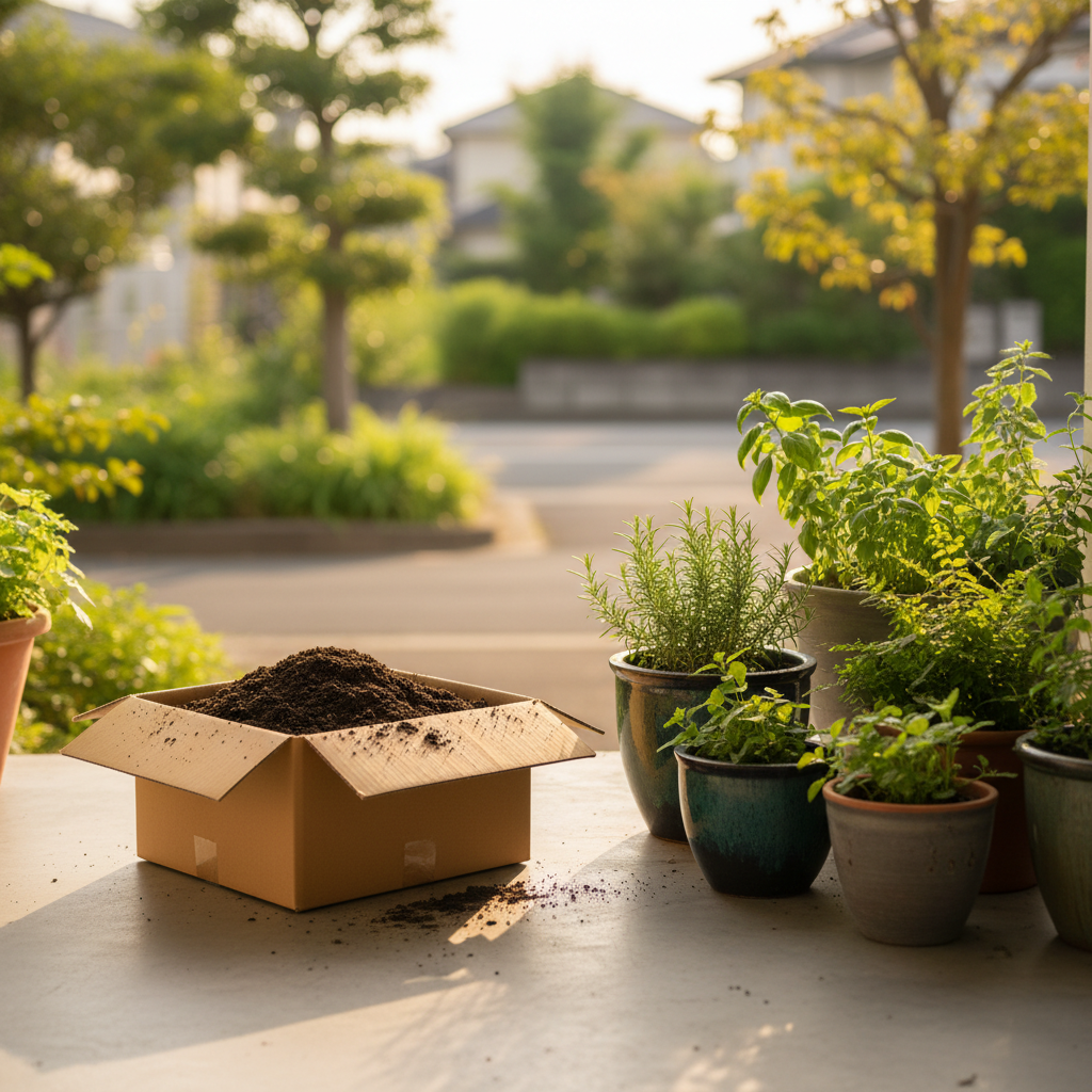調布市の住宅街の玄関先でプランターの土を段ボールに詰めてツチルの回収サービスで処分する様子