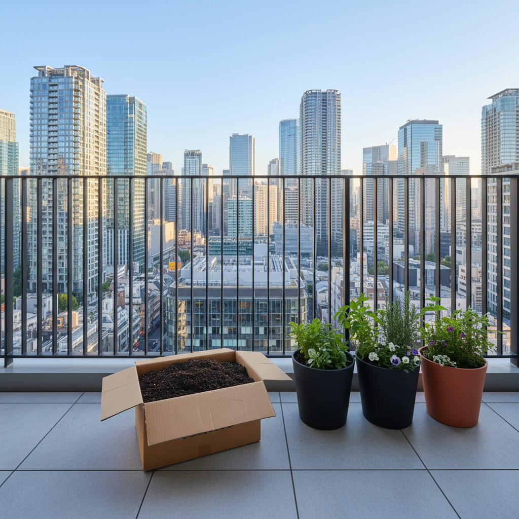 中央区のタワーマンション玄関先でプランターの土を段ボールに詰めてツチルの回収サービスで処分する様子