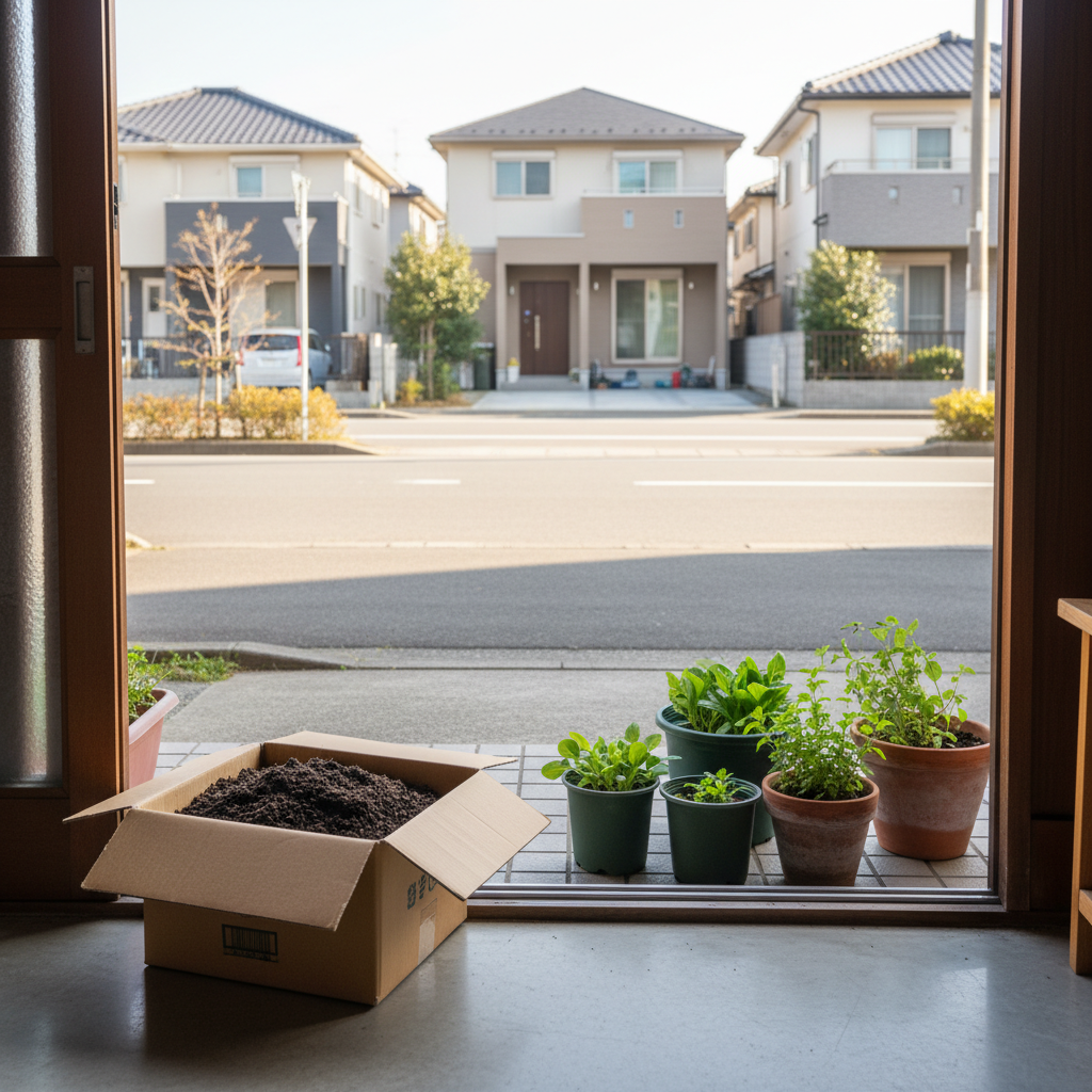 江戸川区の住宅街の玄関先でプランターの土を段ボールに詰めてツチルの回収サービスで処分する様子