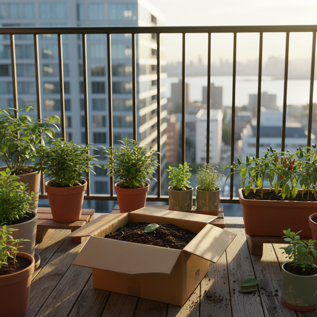 江東区のタワーマンション玄関先でプランターの土を段ボールに詰めてツチルの回収サービスで処分する様子