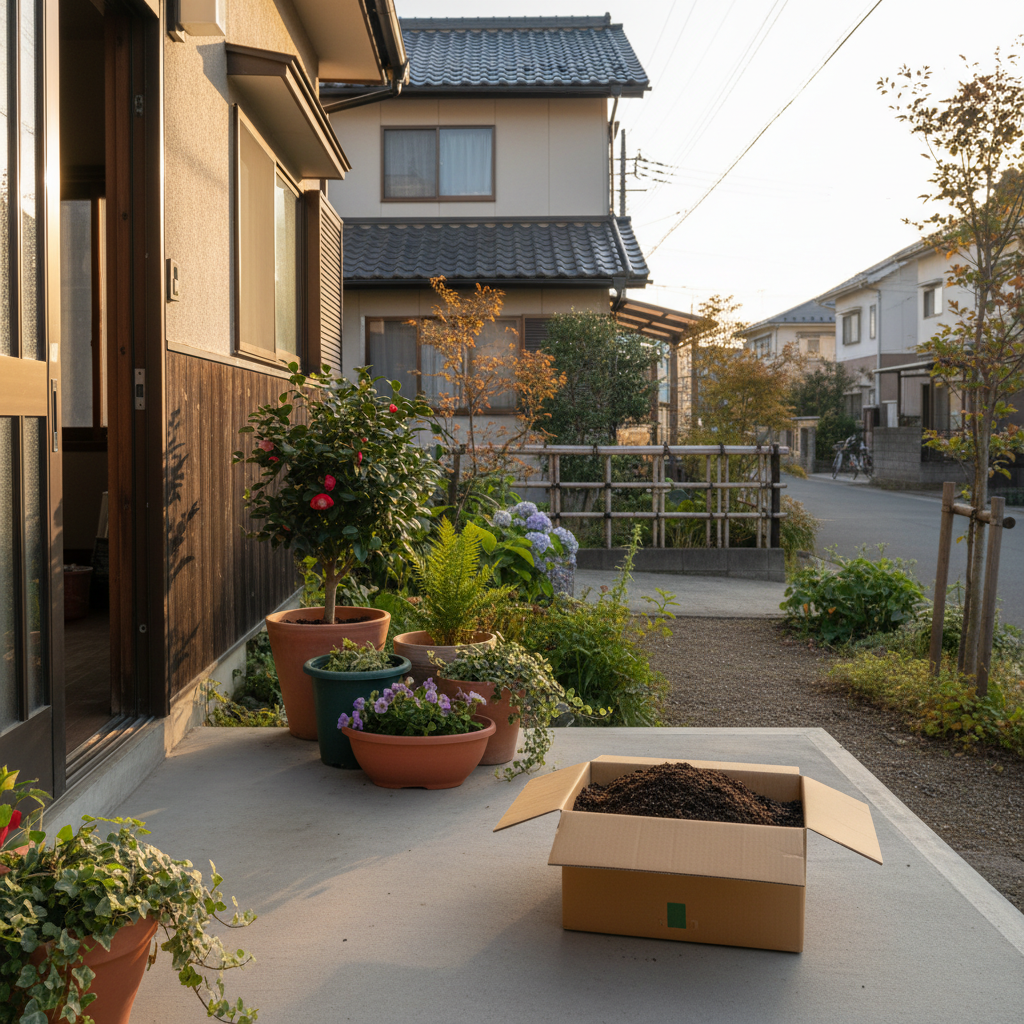 松戸市の住宅街の玄関先でプランターの土を段ボールに詰めてツチルの回収サービスで処分する様子