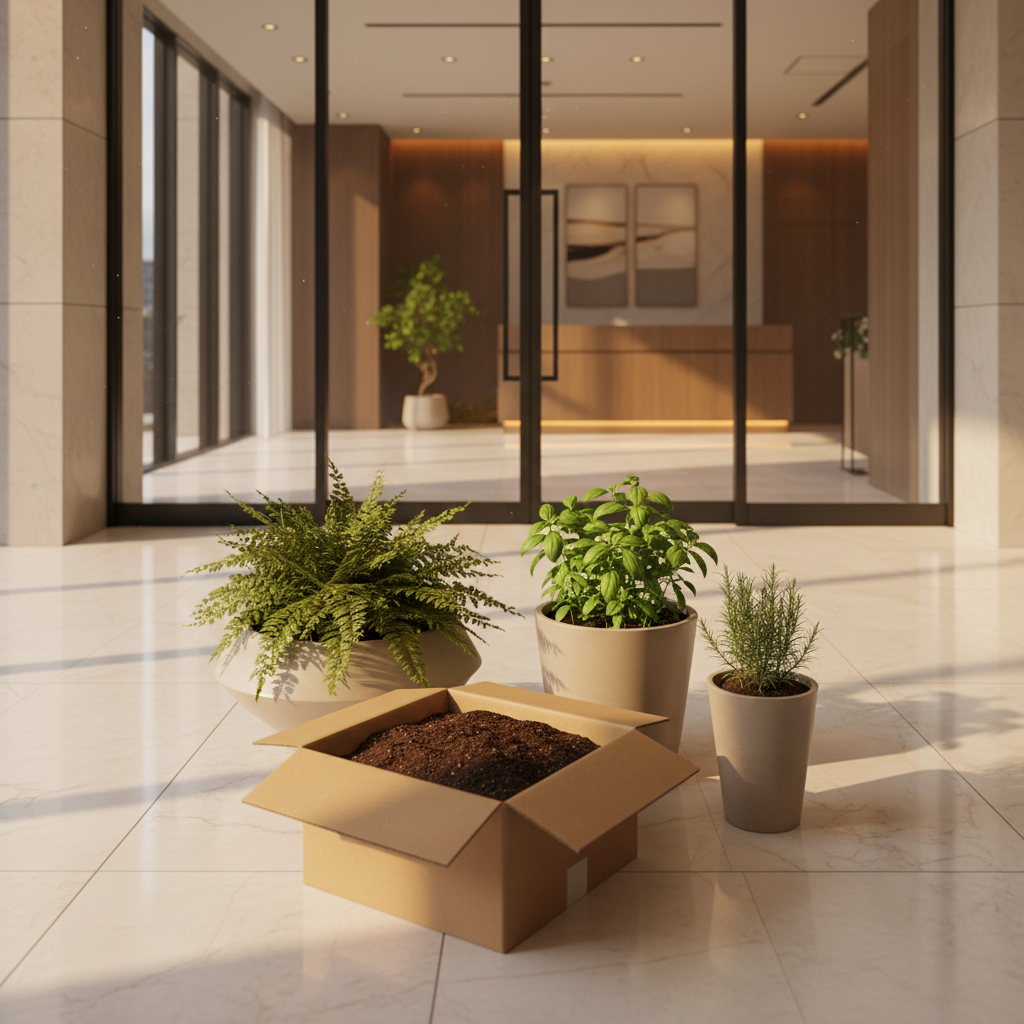 港区の高級マンションエントランスでプランターの土を段ボールに詰めてツチルの回収サービスで処分する様子