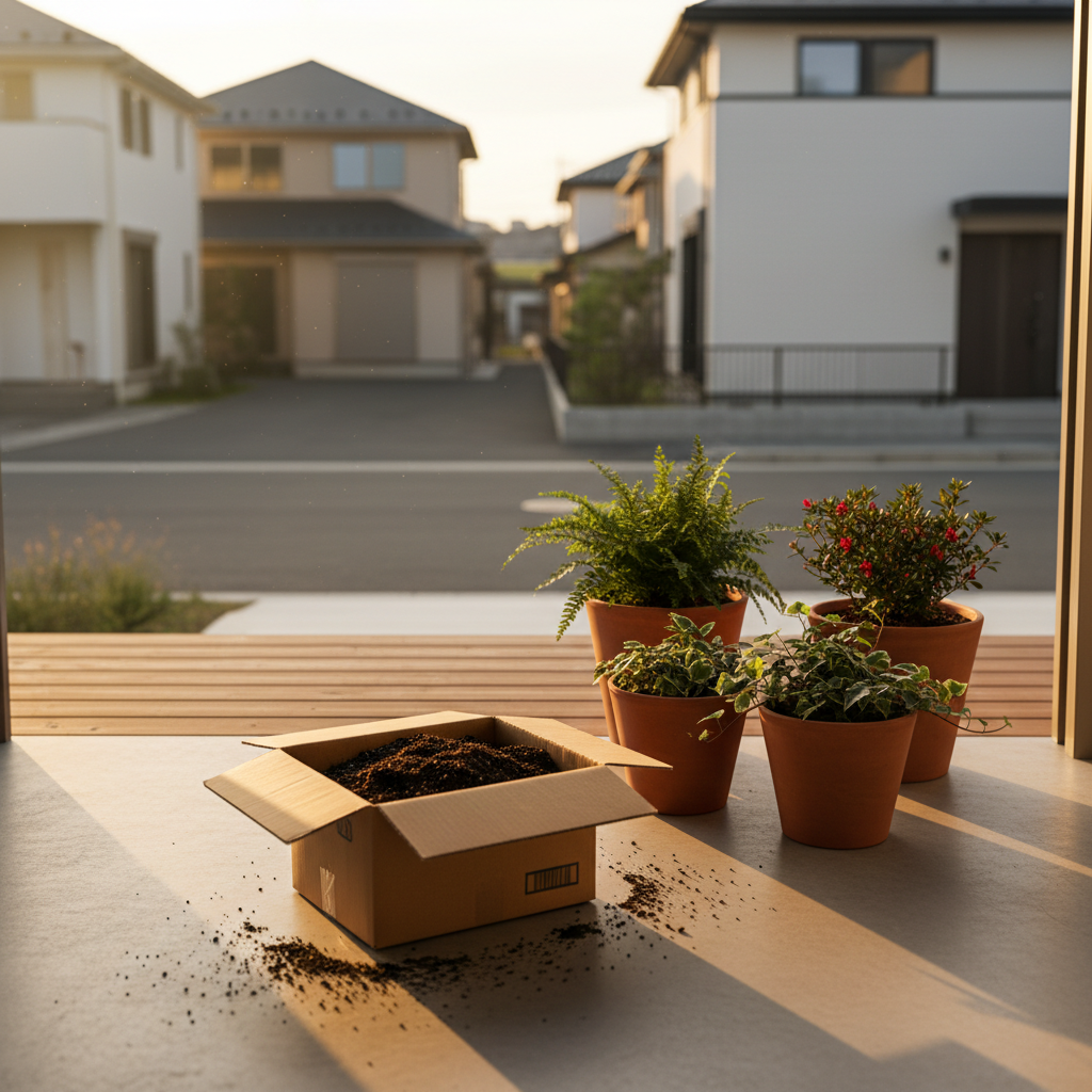 流山市の玄関先でプランターの土を段ボールに詰めてツチルの回収サービスで処分する様子