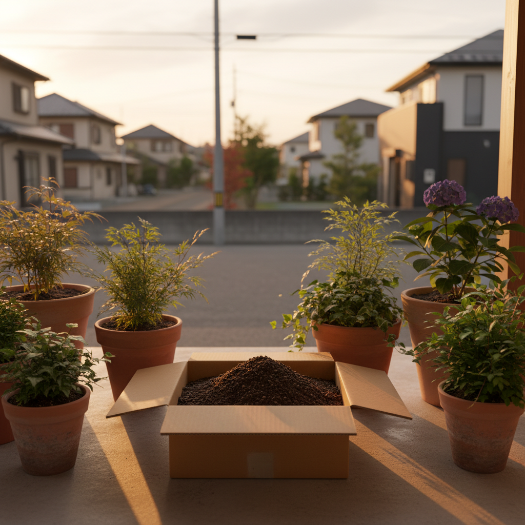 習志野市の玄関先でプランターの土を段ボールに詰めてツチルの回収サービスで処分する様子