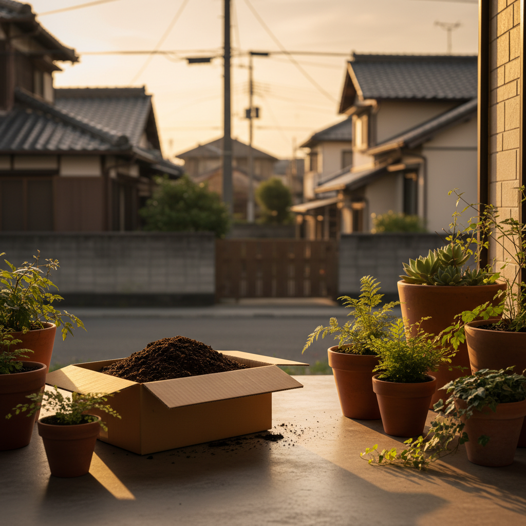 練馬区の玄関先でプランターの土を段ボールに詰めてツチルの回収サービスで処分する様子