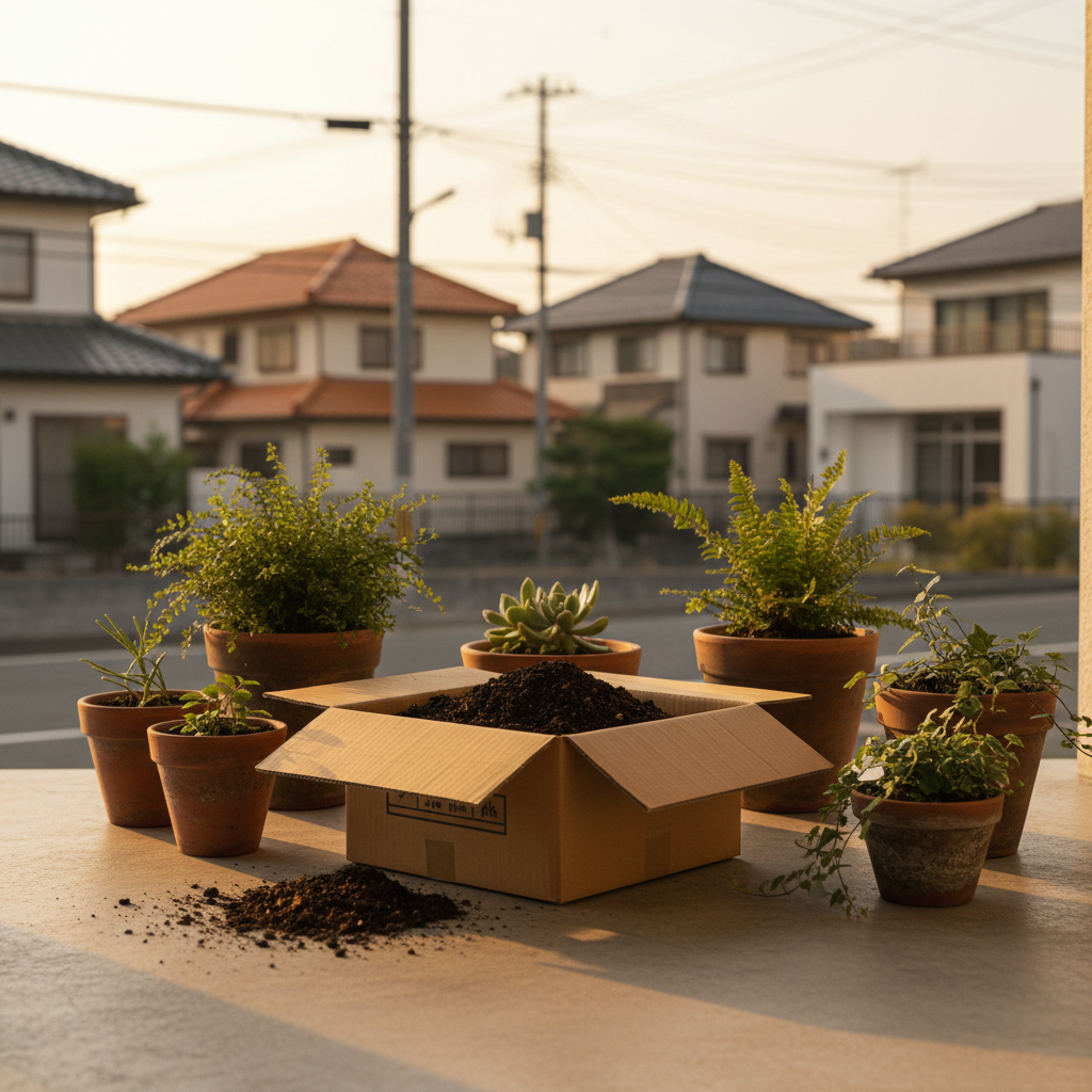 小田原市の玄関先でプランターの土を段ボールに詰めてツチルの回収サービスで処分する様子