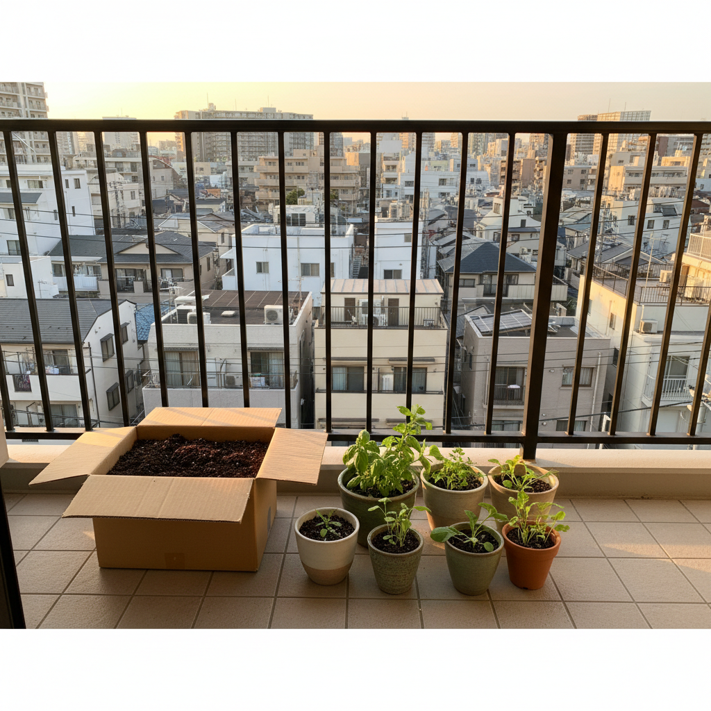 大阪市のマンションバルコニーでプランターの土を段ボールに詰めてツチルの回収サービスで処分する様子