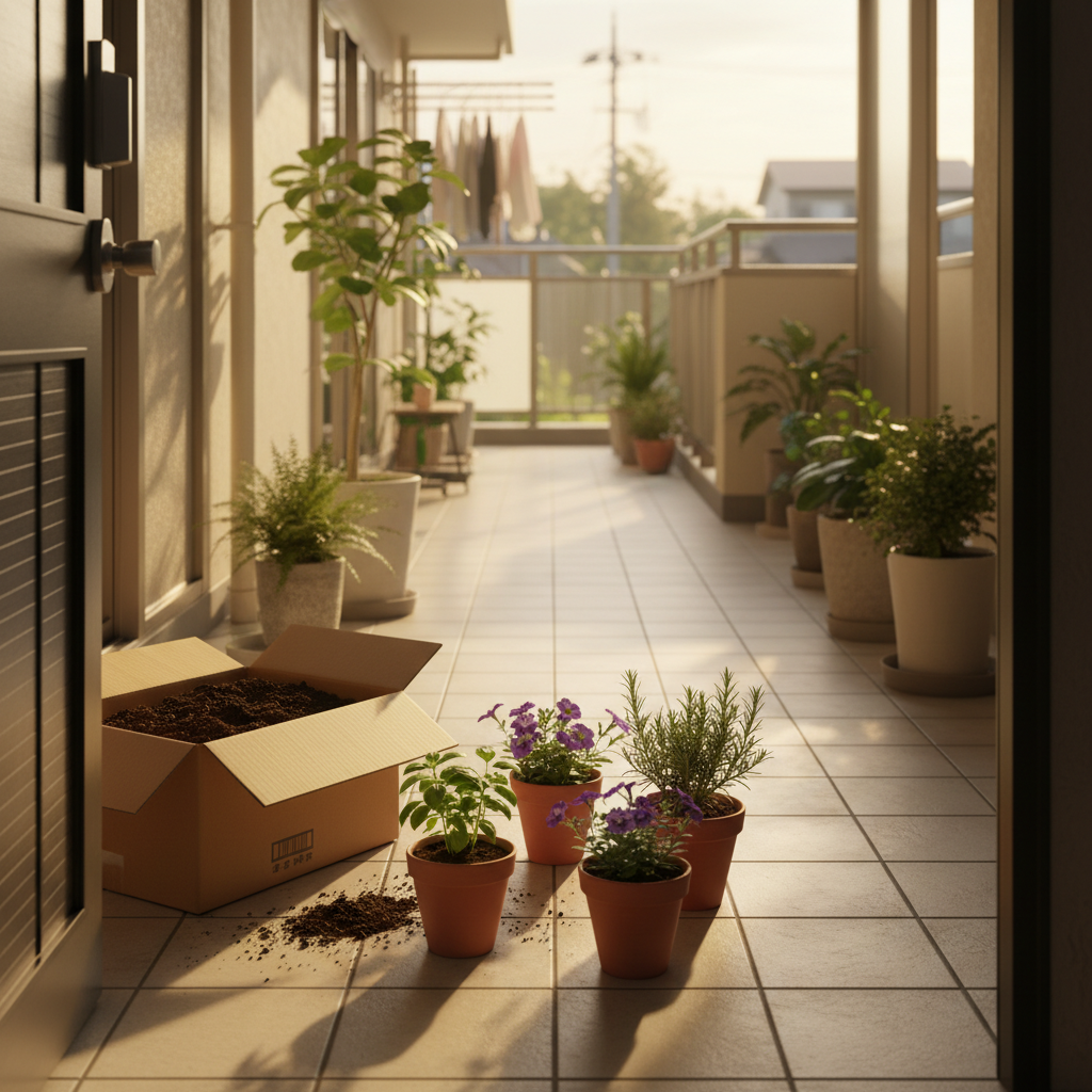 大田区の住宅玄関先でプランターの土を段ボールに詰めてツチルの回収サービスで処分する様子