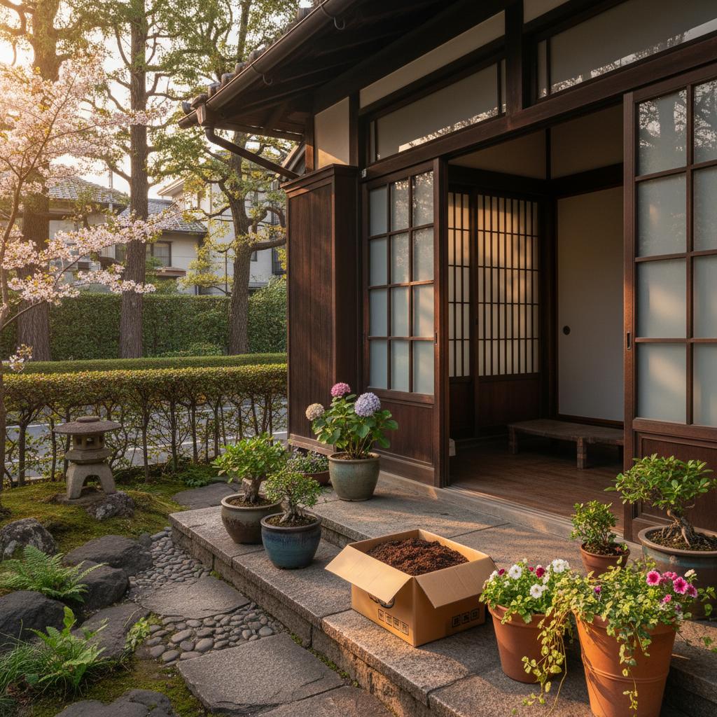 世田谷区の閑静な住宅街の玄関先でプランターの土を段ボールに詰めてツチルの回収サービスで処分する様子