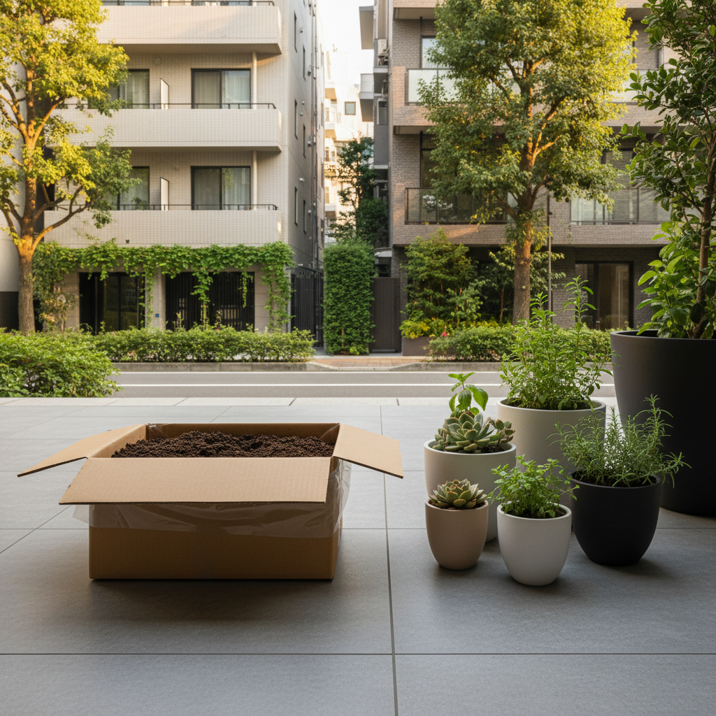 渋谷区のマンション玄関先でプランターの土を段ボールに詰めてツチルの回収サービスで処分する様子