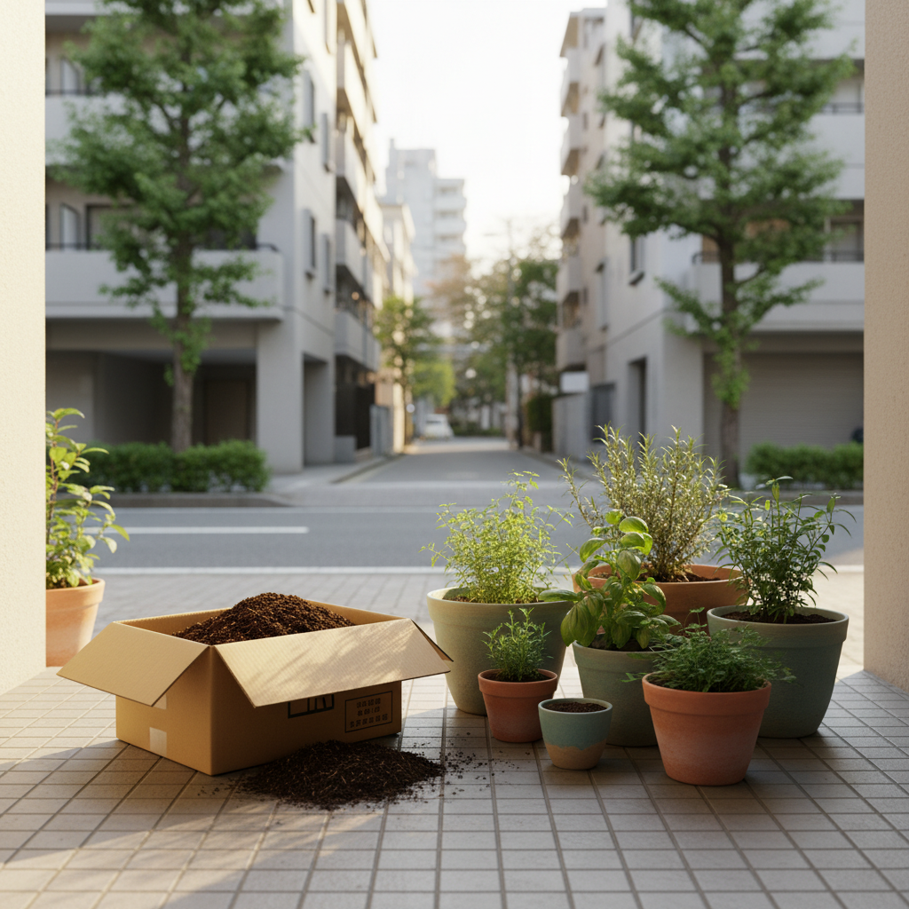 品川区の住宅街の玄関先でプランターの土を段ボールに詰めてツチルの回収サービスで処分する様子