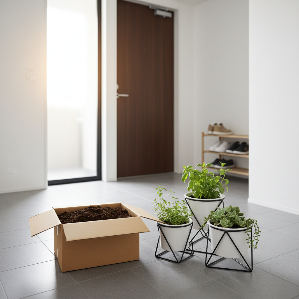 新宿区のマンション玄関先でプランターの土を段ボールに詰めてツチルの回収サービスで処分する様子