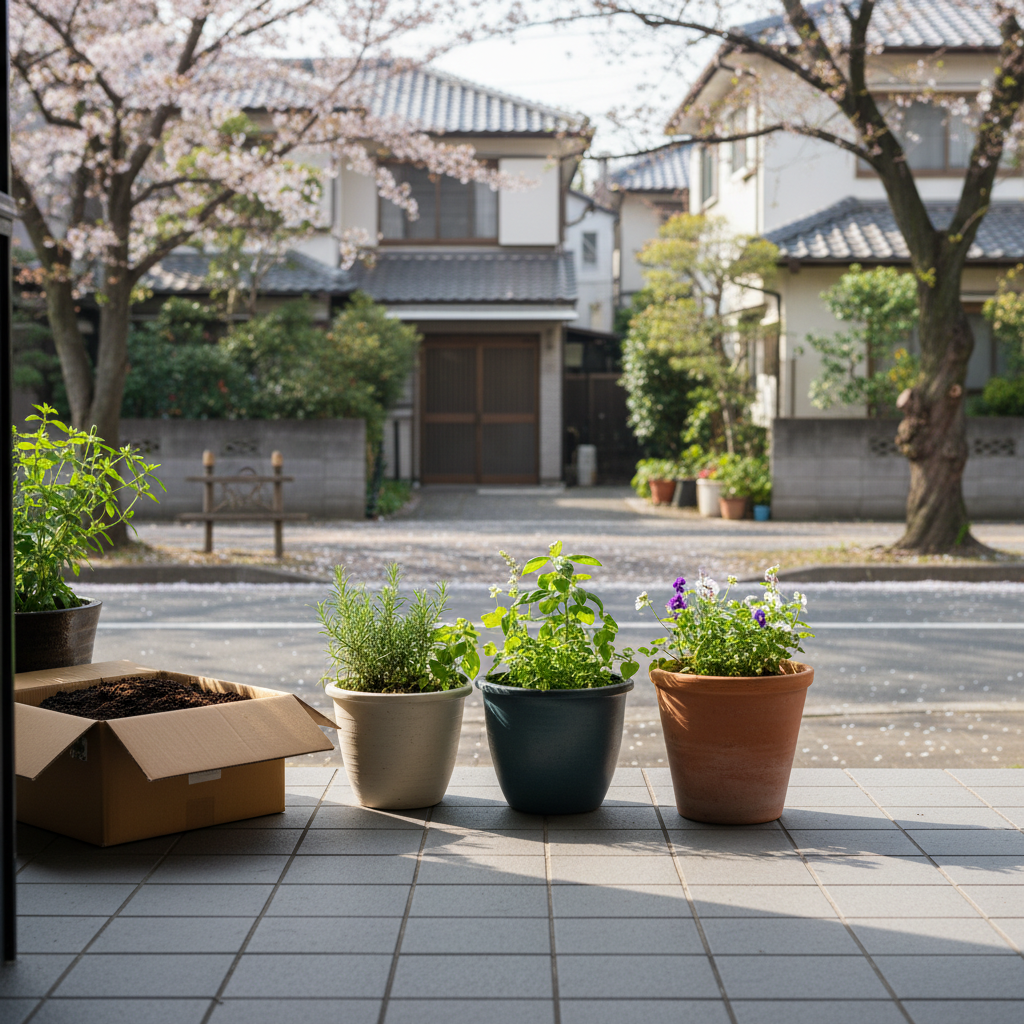 杉並区の桜並木が美しい住宅街の玄関先でプランターの土を段ボールに詰めてツチルの回収サービスで処分する様子