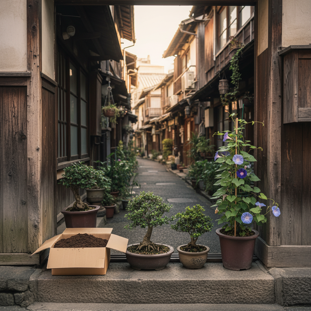 台東区の下町の玄関先でプランターの土を段ボールに詰めてツチルの回収サービスで処分する様子
