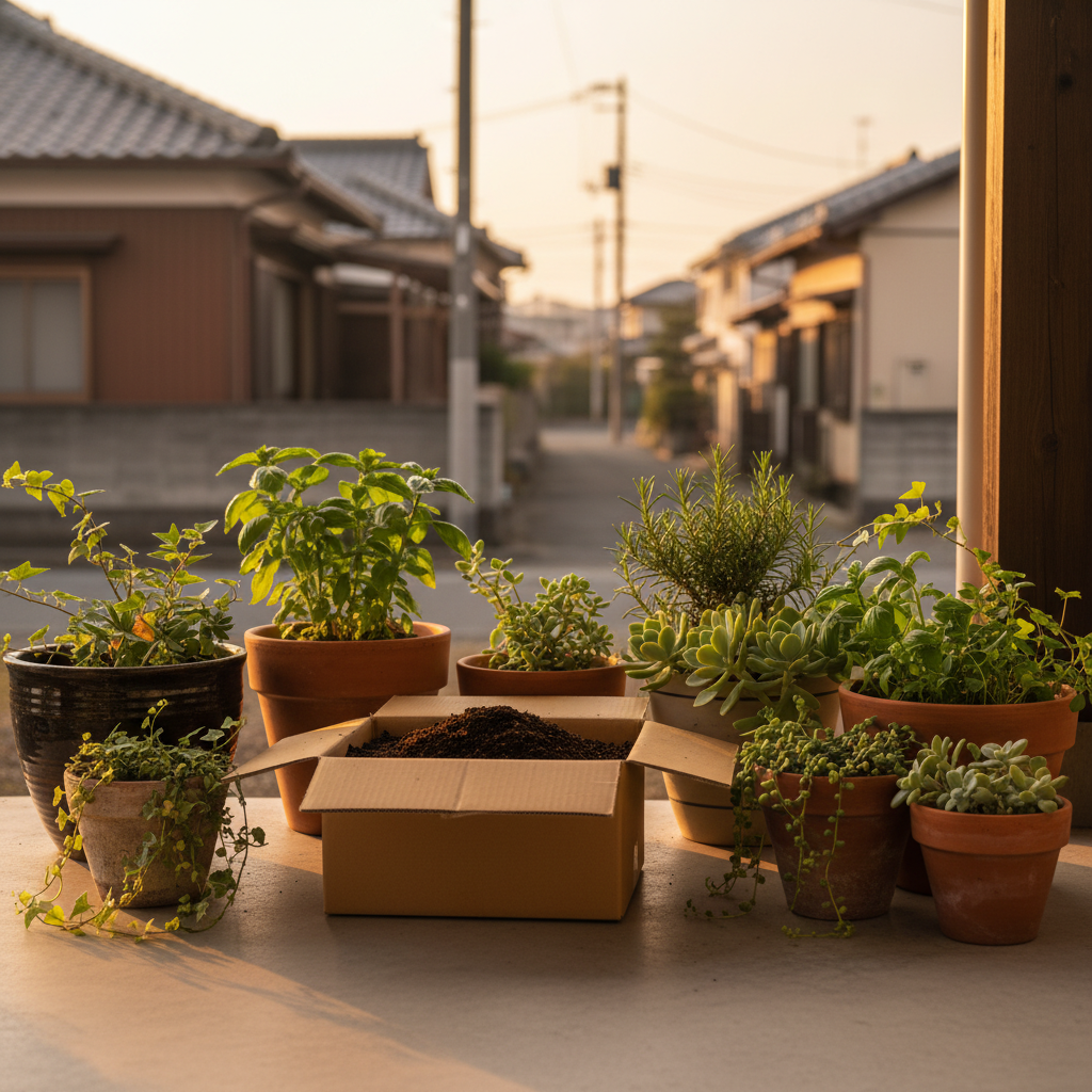 横浜市の玄関先でプランターの土を段ボールに詰めてツチルの回収サービスで処分する様子