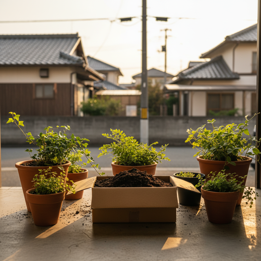 厚木市の玄関先でプランターの土を段ボールに詰めてツチルの回収サービスで処分する様子