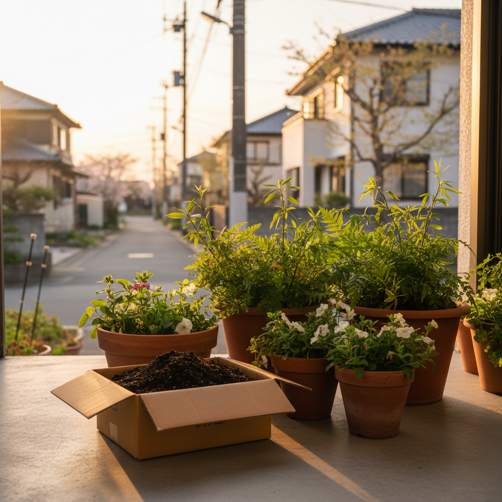 海老名市の玄関先でプランターの土を段ボールに詰めてツチルの回収サービスで処分する様子
