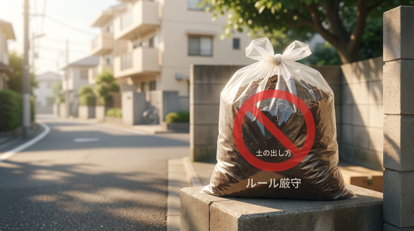 土を燃えるゴミに出してはいけないことを示す禁止マーク付きのゴミ袋と日本の住宅玄関先