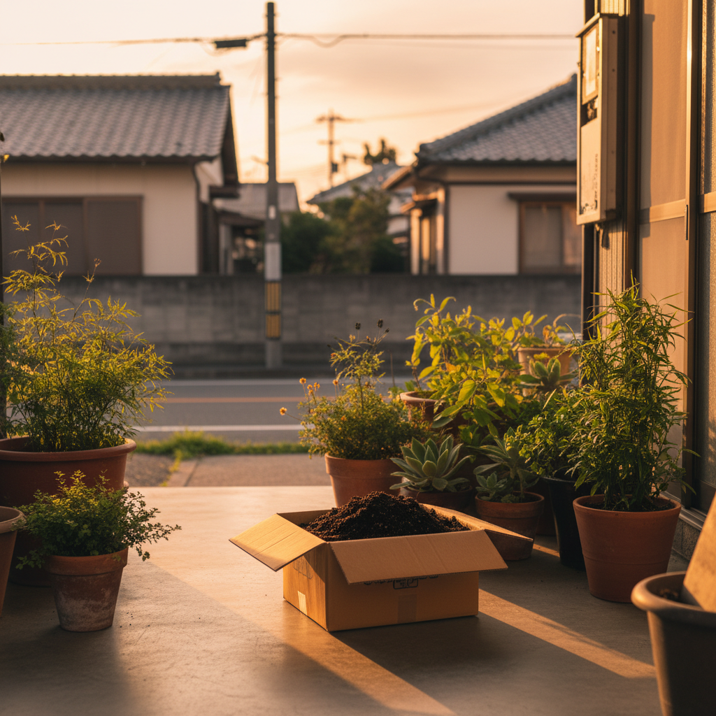 秦野市の玄関先でプランターの土を段ボールに詰めてツチルの回収サービスで処分する様子