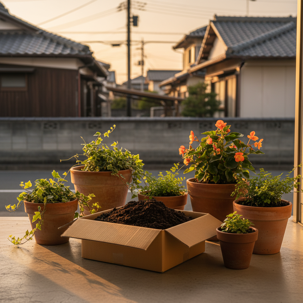 東村山市の玄関先でプランターの土を段ボールに詰めてツチルの回収サービスで処分する様子