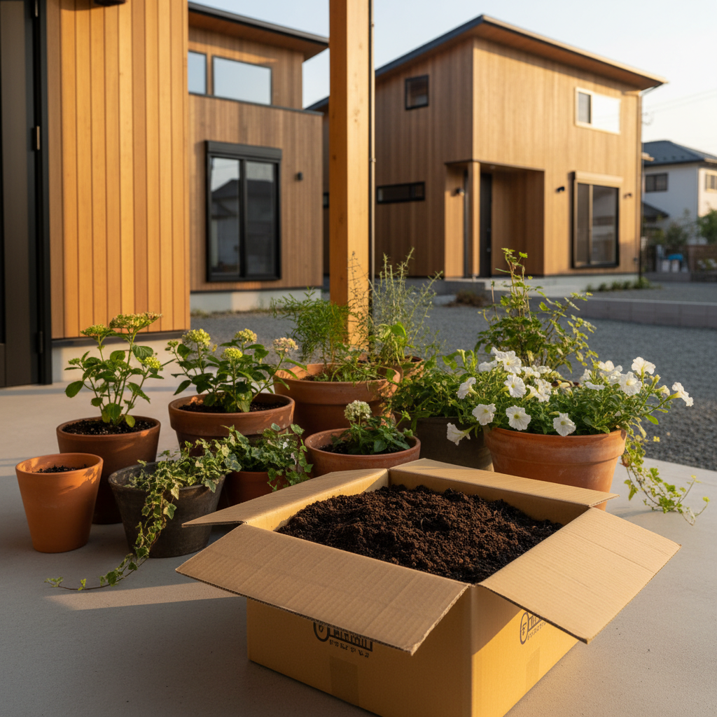 茨木市の玄関先でプランターの土を段ボールに詰めてツチルの回収サービスで処分する様子