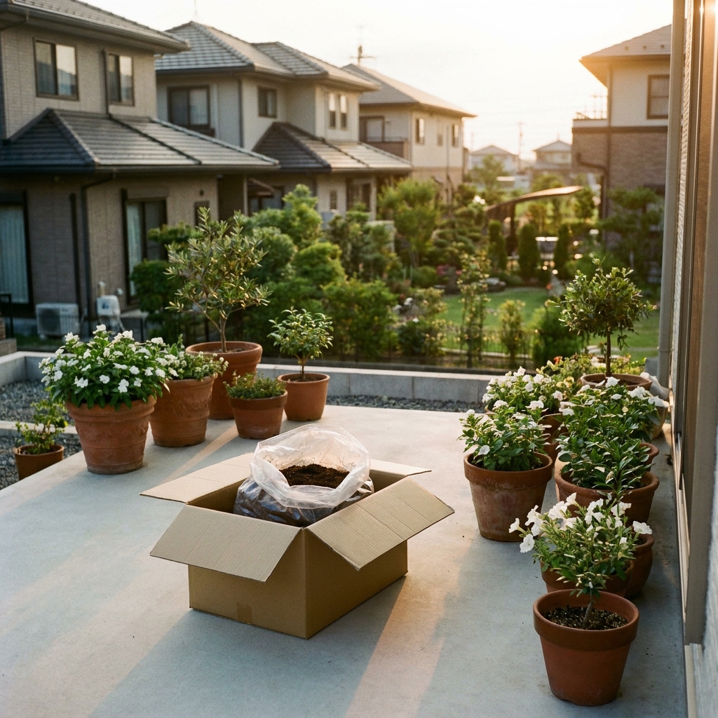 一宮市の玄関先で不要なプランター土を段ボールに詰めてツチルで回収する様子