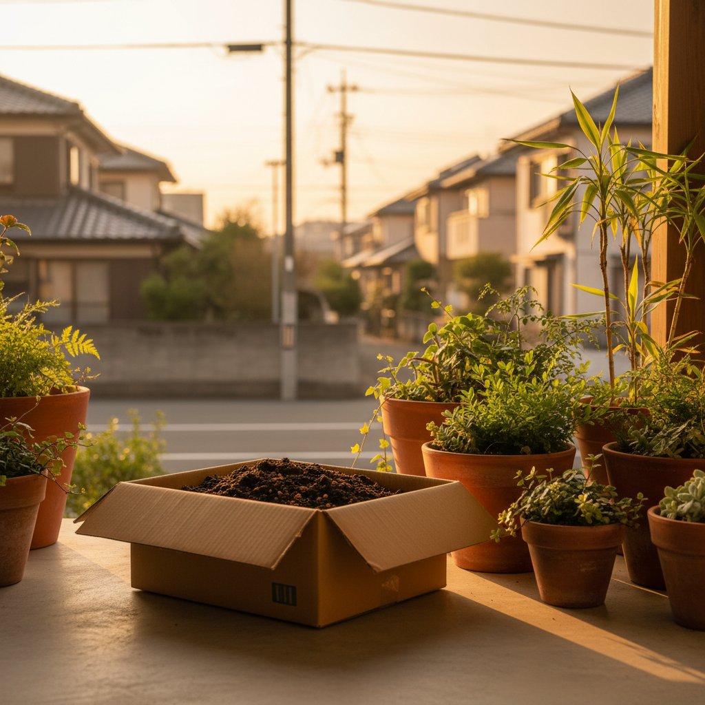 春日部市の玄関先でプランターの土を段ボールに詰めてツチルの回収サービスで処分する様子