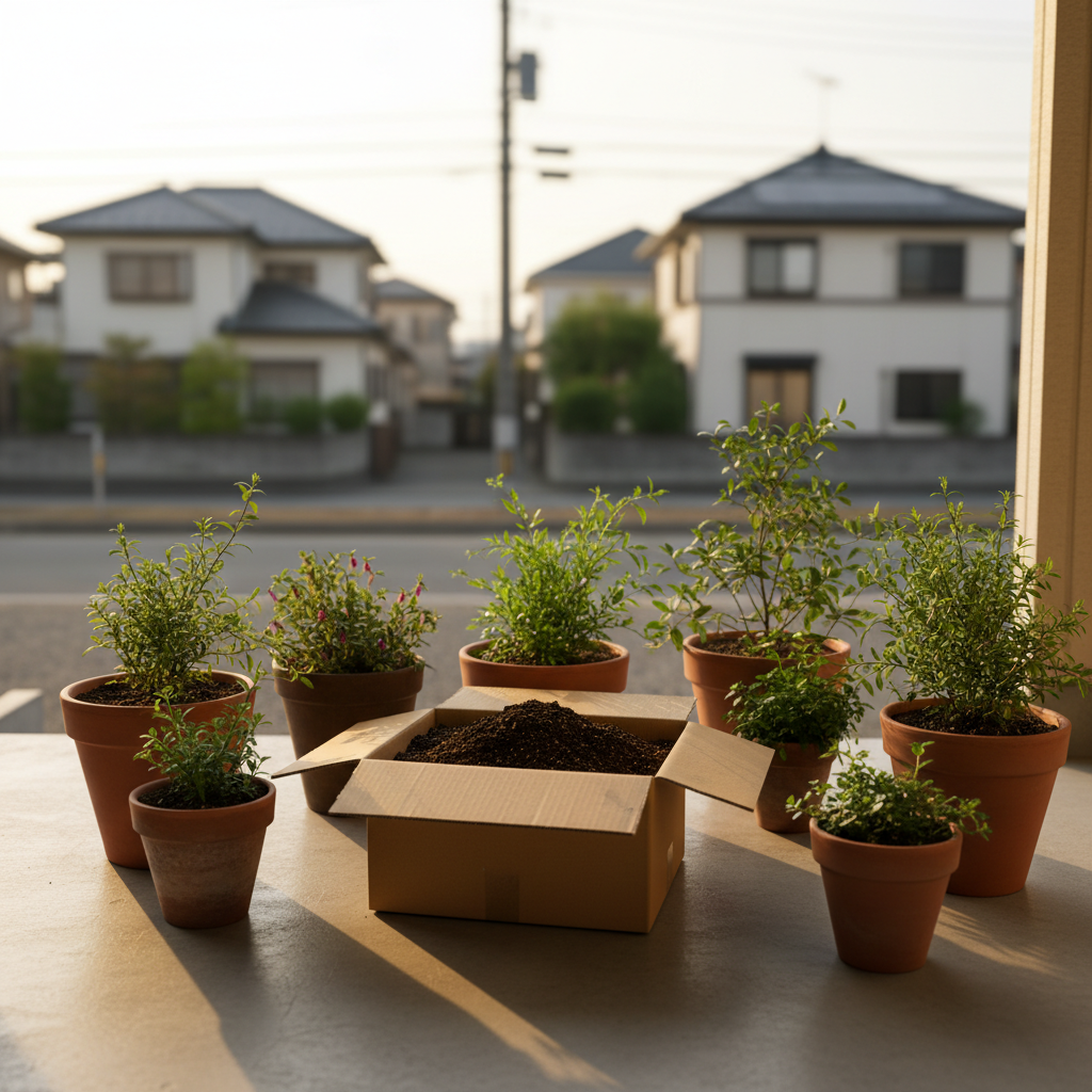 小平市の玄関先でプランターの土を段ボールに詰めてツチルの回収サービスで処分する様子