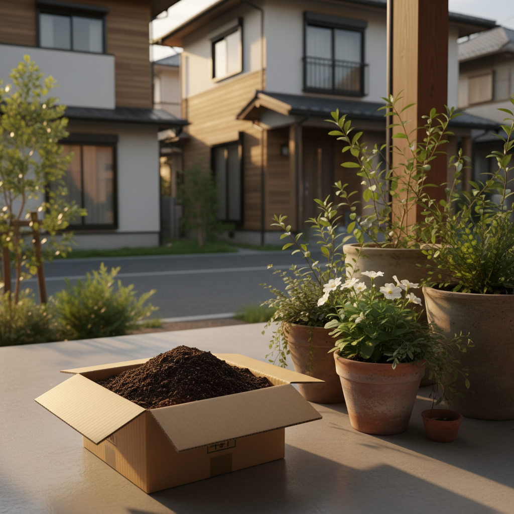 寝屋川市の玄関先でプランターの土を段ボールに詰めてツチルの回収サービスで処分する様子