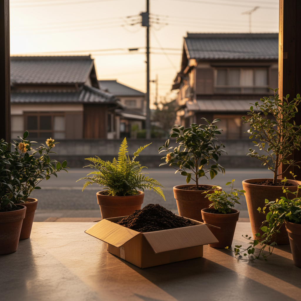 西東京市の玄関先でプランターの土を段ボールに詰めてツチルの回収サービスで処分する様子