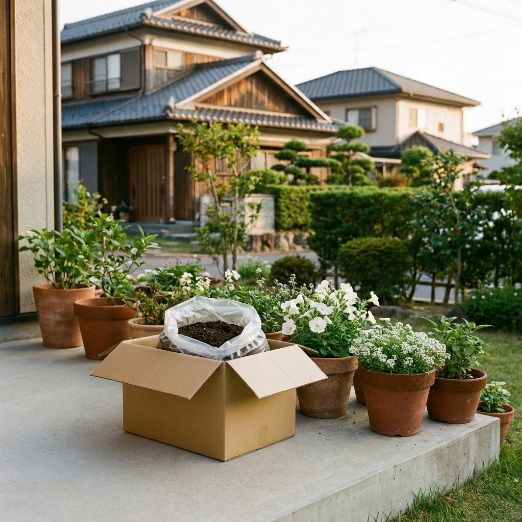 岡崎市の玄関先で不要なプランター土を段ボールに詰めてツチルで回収する様子