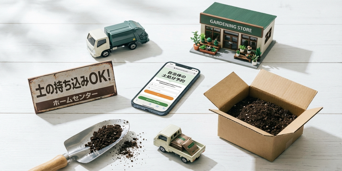 土を処分する7つの方法の比較イラスト｜自治体回収・ホームセンター・園芸店・ジモティー・不用品回収・リサイクル・ツチル宅配回収