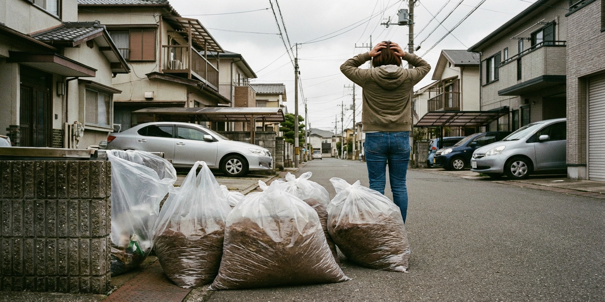 土を燃えるゴミに混ぜて出した場合に収集拒否される様子のイラスト