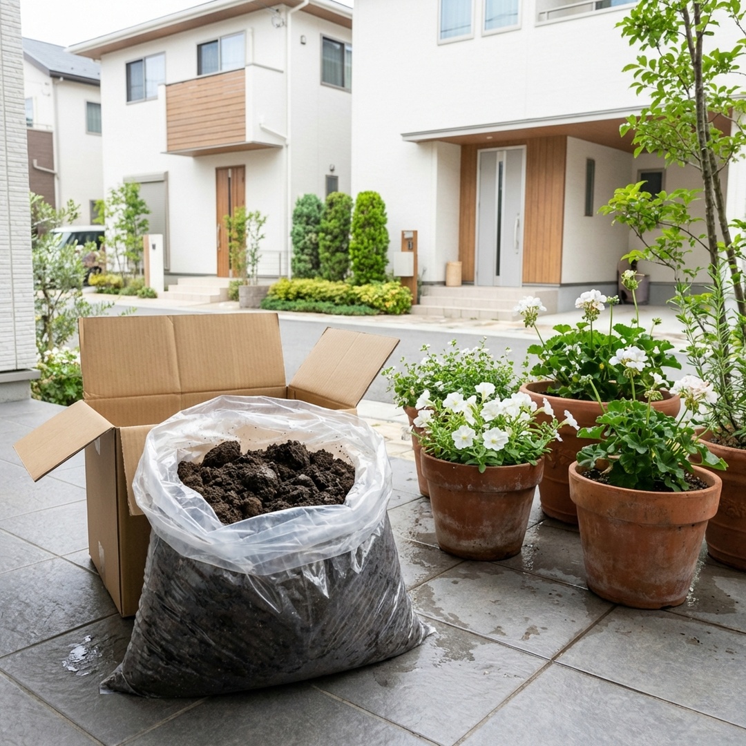 吹田市の玄関先で不要なプランター土を段ボールに詰めてツチルで回収する様子