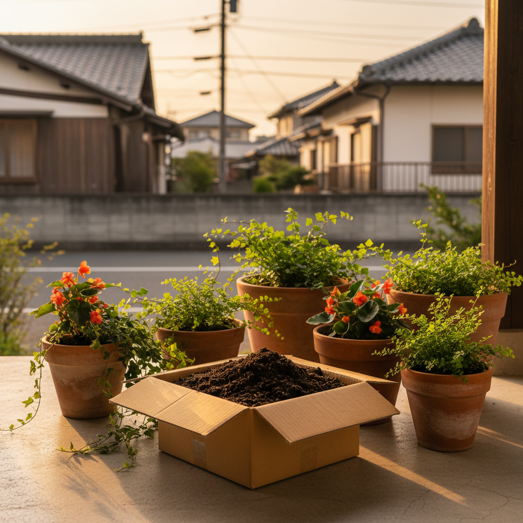 大和市の玄関先でプランターの土を段ボールに詰めてツチルの回収サービスで処分する様子