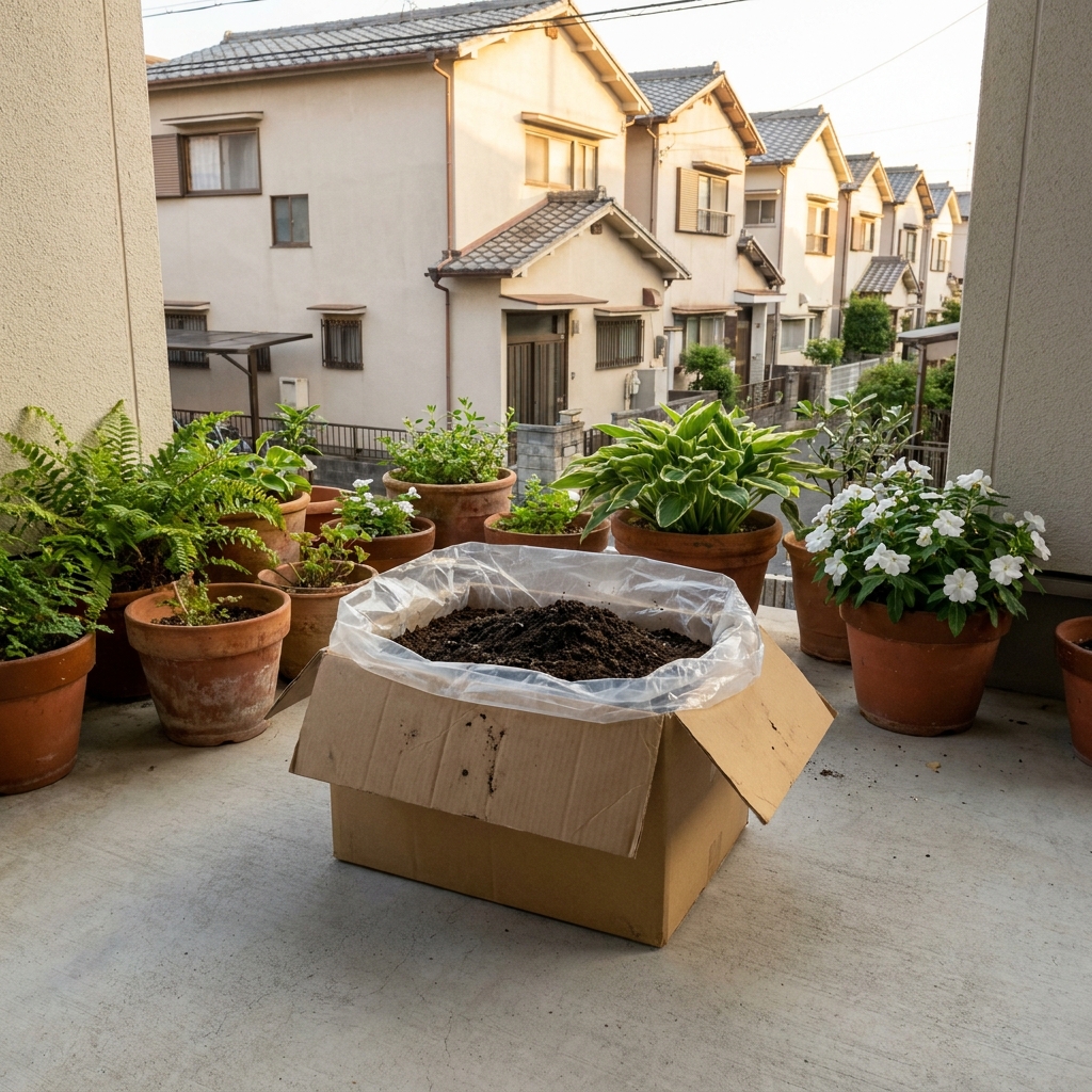 八尾市の玄関先で不要なプランター土を段ボールに詰めてツチルで回収する様子