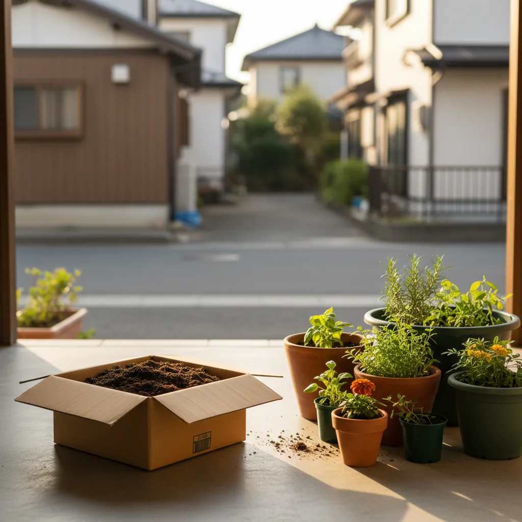足立区の住宅街の玄関先でプランターの土を段ボールに詰めてツチルの回収サービスで処分する様子