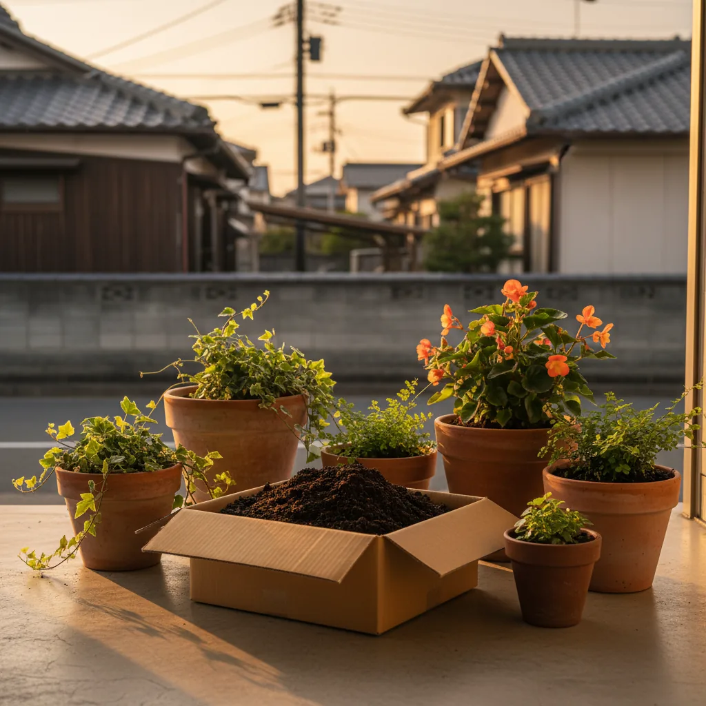 東村山市の玄関先でプランターの土を段ボールに詰めてツチルの回収サービスで処分する様子
