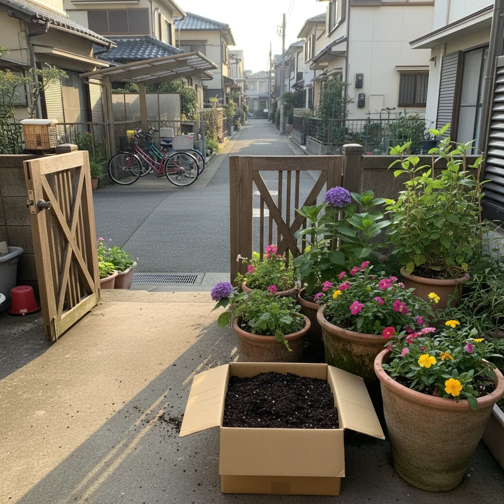 板橋区の住宅街の玄関先でプランターの土を段ボールに詰めてツチルの回収サービスで処分する様子
