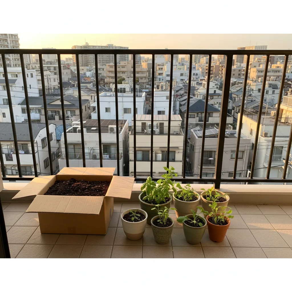 大阪市のマンションバルコニーでプランターの土を段ボールに詰めてツチルの回収サービスで処分する様子