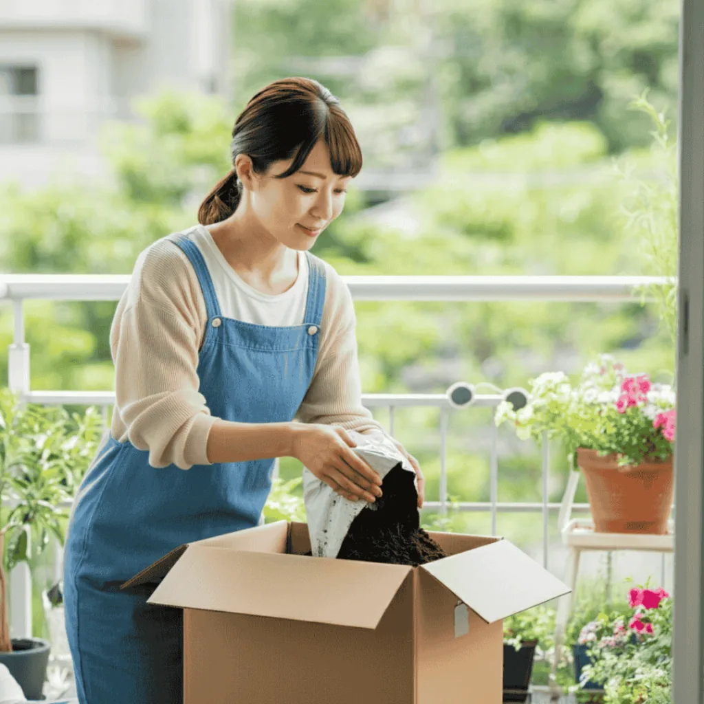 ベランダで使い終わった土を段ボールに詰めているエプロン姿の女性。
