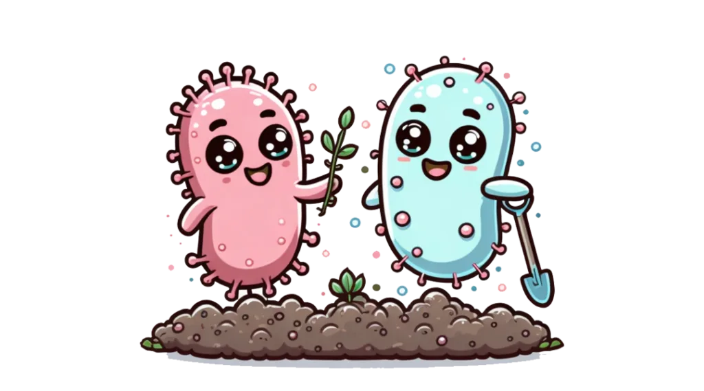 ツチルの土リサイクルプロセスで活躍する微生物のキャラクター。土壌の健康を守る自然の力。
