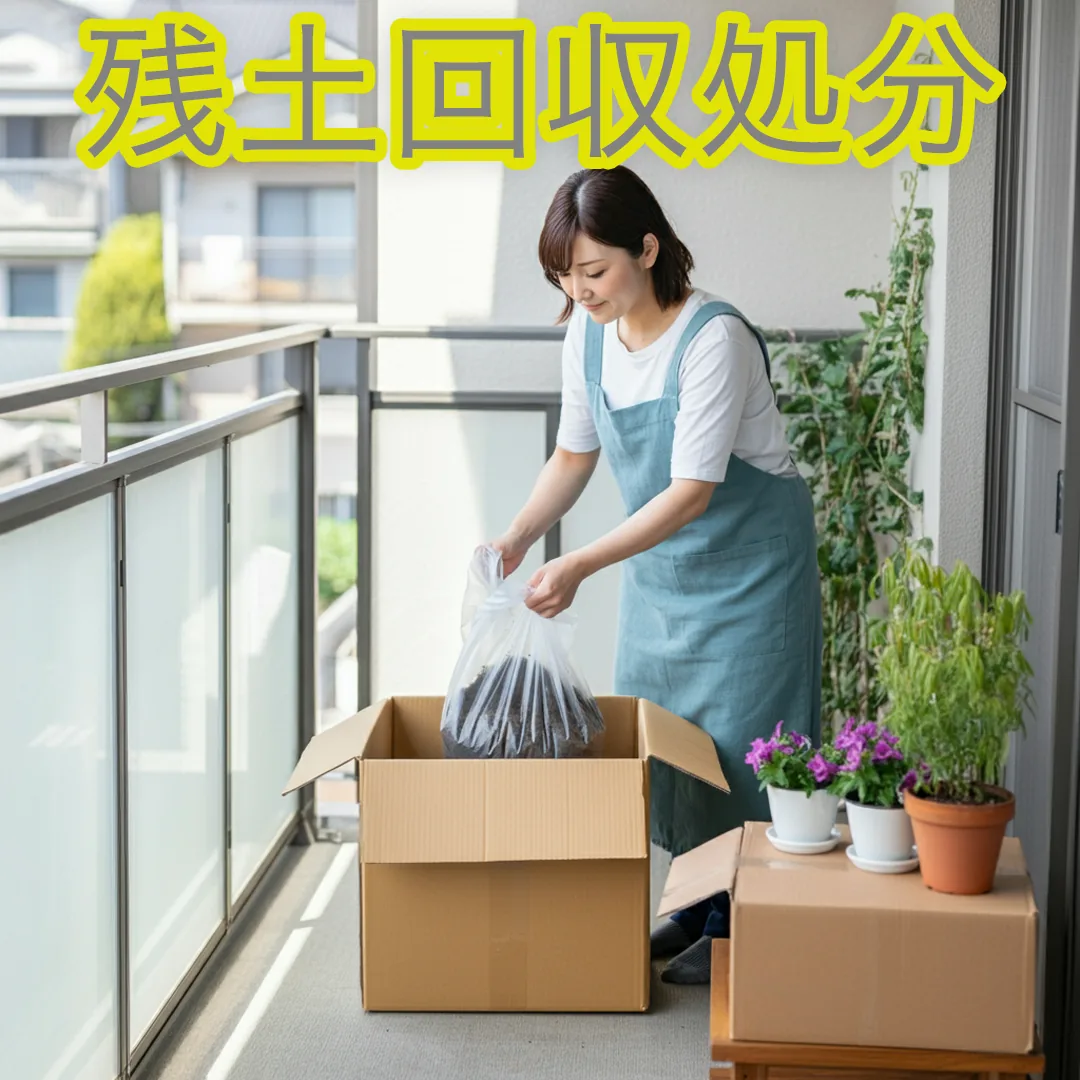 ベランダで残土を段ボールに入れて処分準備をしている日本人女性。ツチルセルフ便を使った手軽な土回収処分サービス。