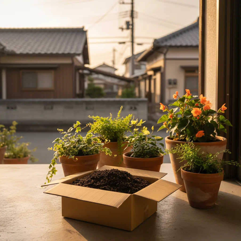 八千代市の玄関先でプランターの土を段ボールに詰めてツチルの回収サービスで処分する様子