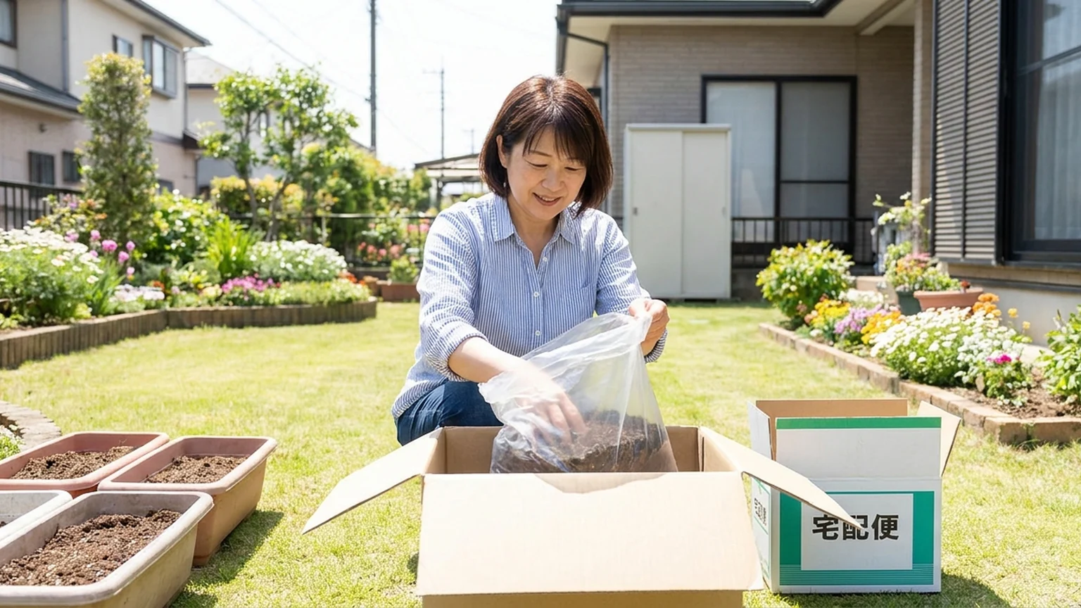 上尾市の玄関先でプランターの土を段ボールに詰めてツチルの回収サービスで処分する様子