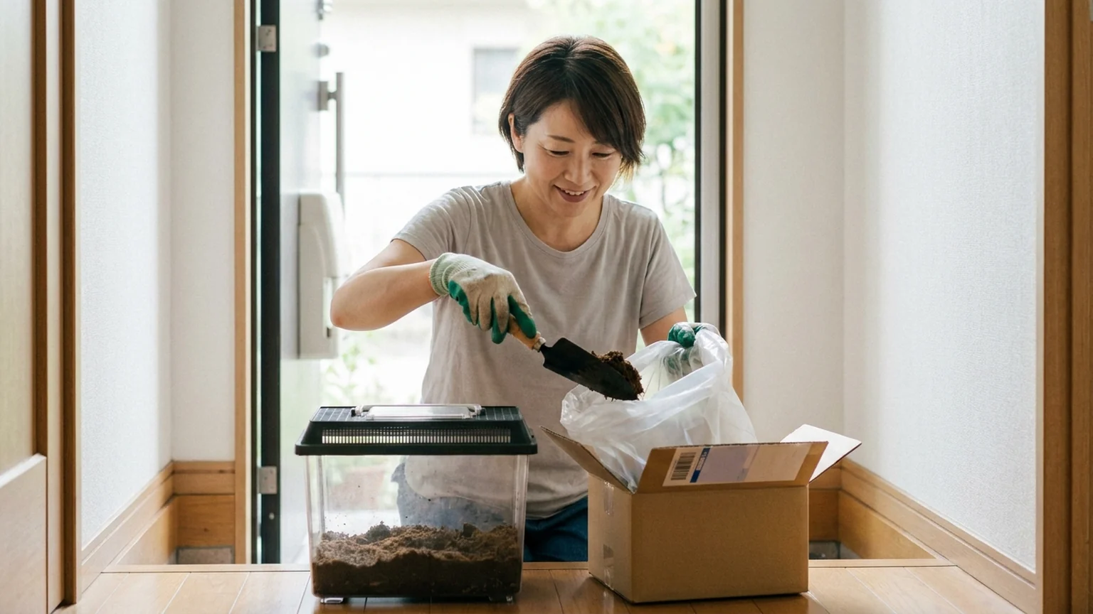 カブトムシの飼育マット（使用済みの土）を玄関先で段ボールに詰めて処分する女性