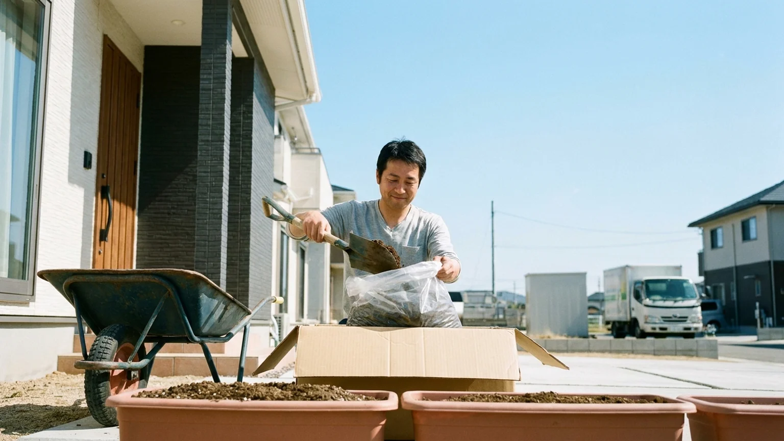 福山市の玄関先でプランターの土を段ボールに詰めてツチルの回収サービスで処分する様子