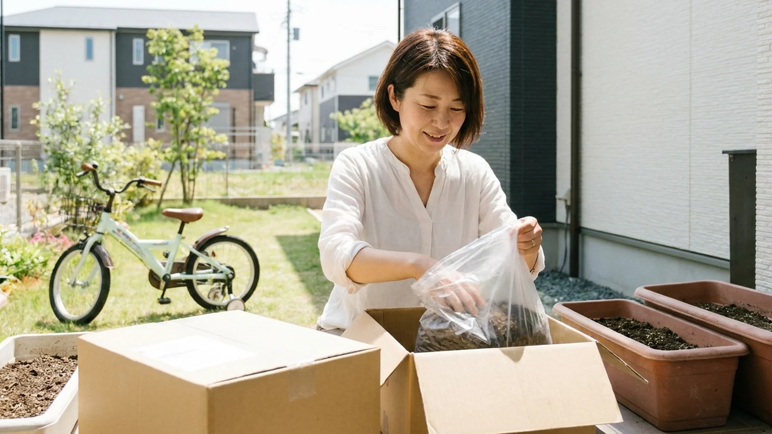 加古川市の玄関先でプランターの土を段ボールに詰めてツチルの回収サービスで処分する様子