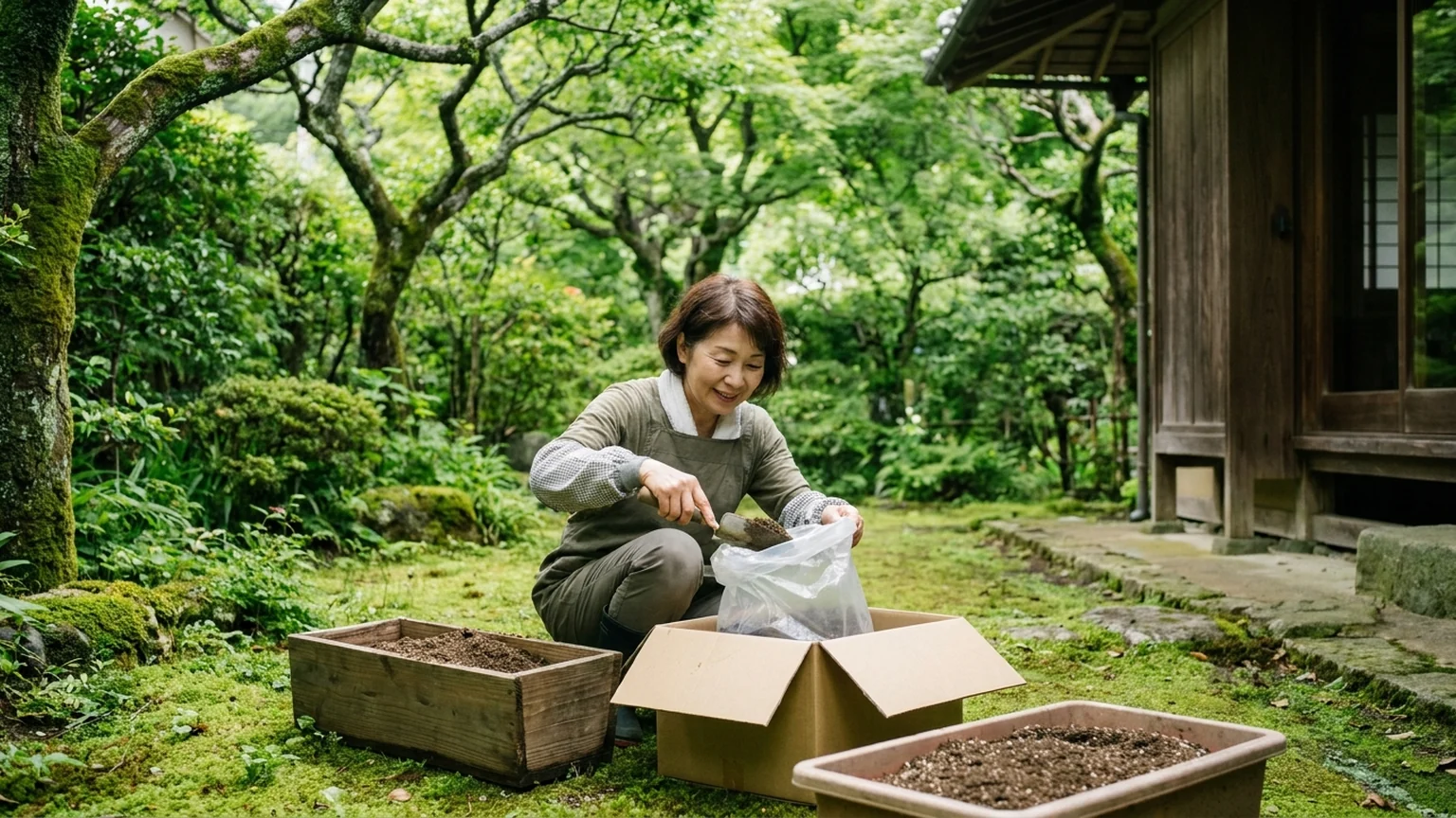鎌倉市の玄関先でプランターの土を段ボールに詰めてツチルの回収サービスで処分する様子